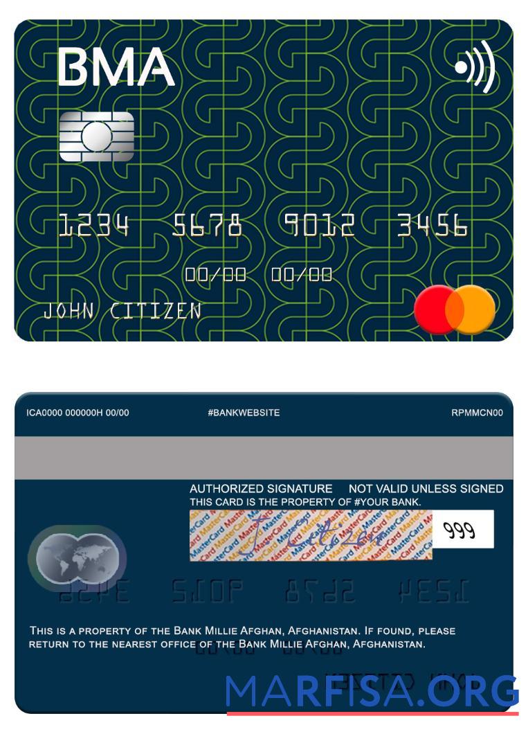 Printable Afghanistan Bank Millie Afghan mastercard example